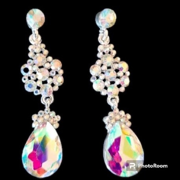 Silver Crystal AB Rhinestone Wedding Bridal Bridesmaid Prom Dangle Drop Earrings - Picture 1 of 4
